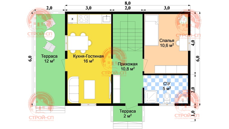 Проект двухэтажного каркасного дома Волхов 8 на 6 для дачи и ПМЖ с большоей террасой и кухней-гостиной	